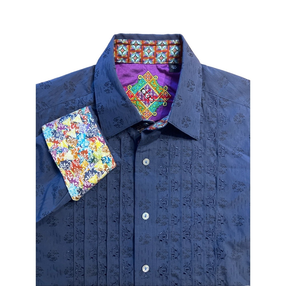 Robert Graham Shirt Blue Medium Cotton Flip Cuff Silk Trim Strips Front